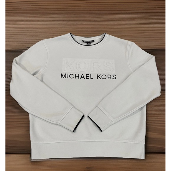 Michael Kors Mens S~Med White/Blue Logo Crew Neck  Pullover Sweat Shirt Classic - Picture 1 of 12
